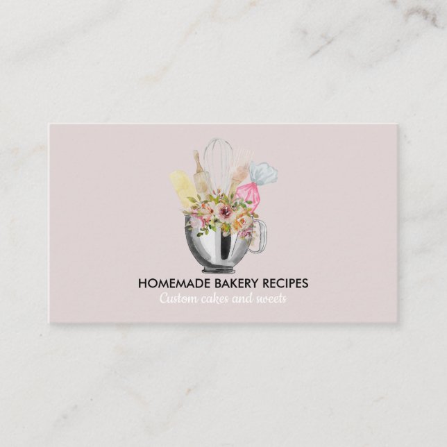 Pink Cook Chef Watercolor Baking Utensils Bakery Business Card (Front)