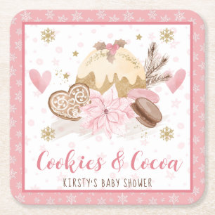 Pink Cookies and Cocoa Baby Shower Square Paper Coaster