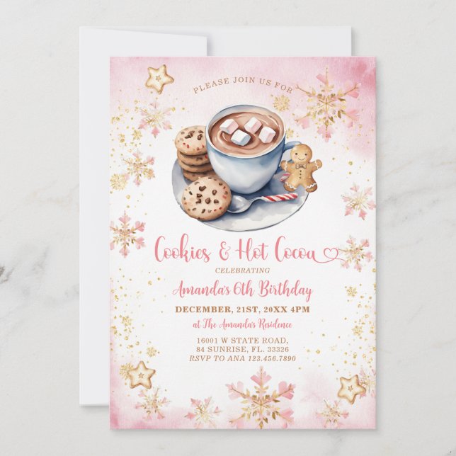 Pink Cookies and Hot Cocoa Snowflake 6th Birthday Invitation (Front)