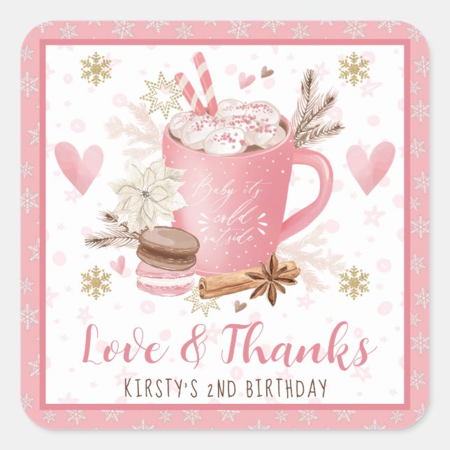 Pink Cookies & Cocoa Birthday Party Favor Square Sticker (Front)