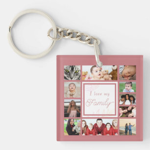 Pink Cool & Trendy I Love My Family Photo Collage Key Ring