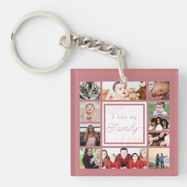 Pink Cool & Trendy I Love My Family Photo Collage Key Ring (Front)