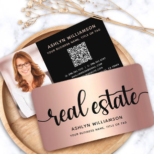 Pink Copper Black Photo Real Estate Agent QR Code Business Card