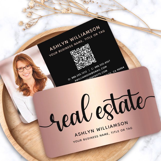 Pink Copper Black Photo Real Estate Agent QR Code Business Card (Creator Uploaded)