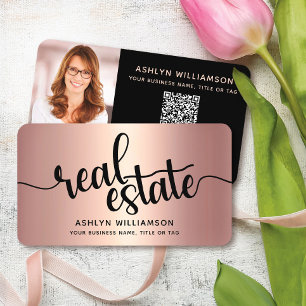 Pink Copper Black Real Estate Agent Photo QR Code Business Card