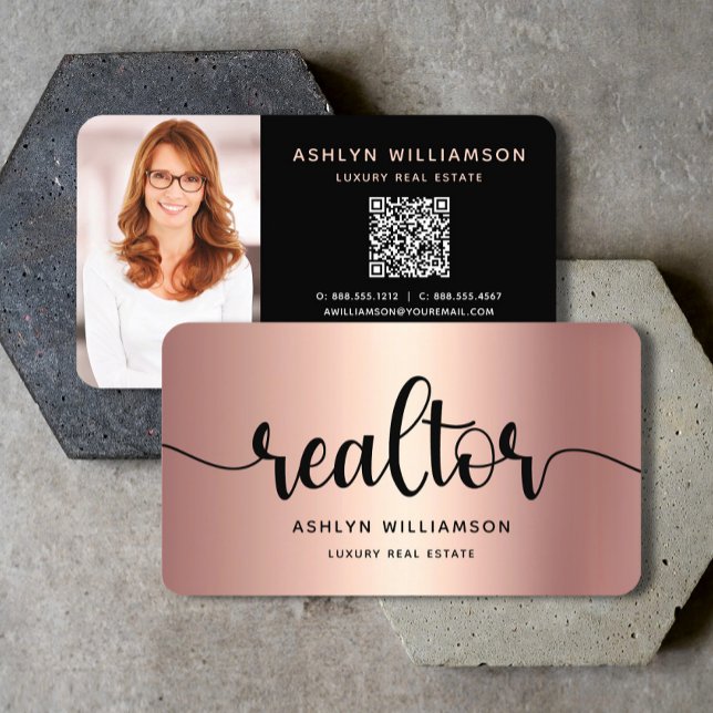 Pink Copper Black Realtor Photo QR Code Broker Business Card (Creator Uploaded)