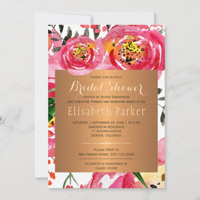 Pink copper peony roses floral bridal shower invitation (Front)