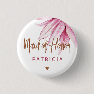 Pink copper script bridal shower maid of honour 3 cm round badge