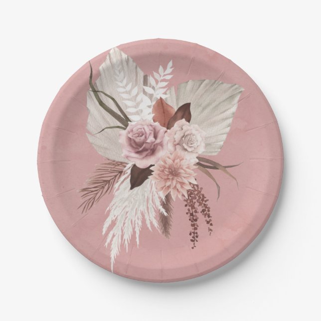 Pink Copper Tropical Pampas Grass Seaside Wedding Paper Plate (Front)