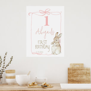 Pink Coquett Peter the Rabbit 1st Birthday Welcome Poster