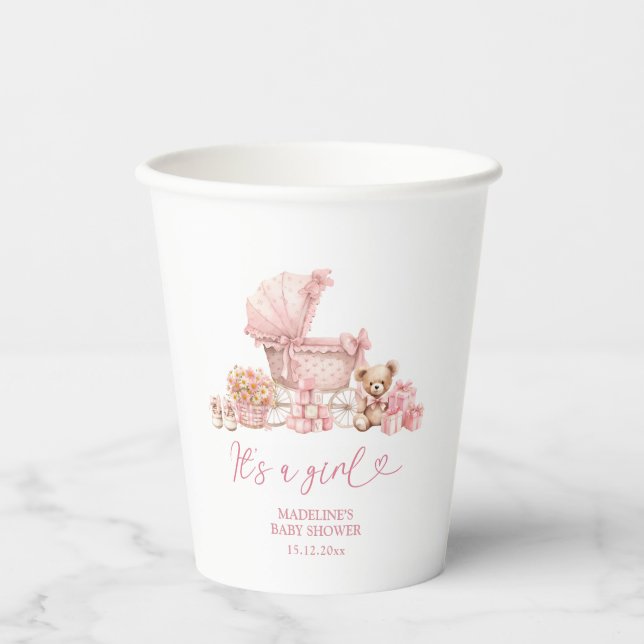 Pink Coquette Baby Carriage Baby Shower Paper Cups (Front)