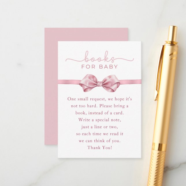 Pink Coquette Book Request Card – Elegant Bow Baby (Front/Back In Situ)