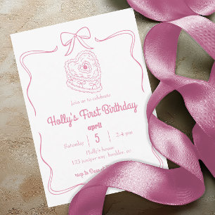 Pink Coquette Bow 1st Birthday Blush Pink Bow Invitation