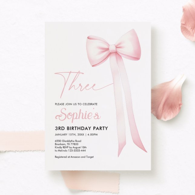 Pink Coquette Bow 3rd Birthday Invitation (Creator Uploaded)
