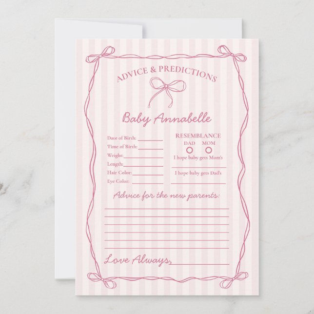 Pink Coquette Bow Advice for Baby Shower Card (Front)