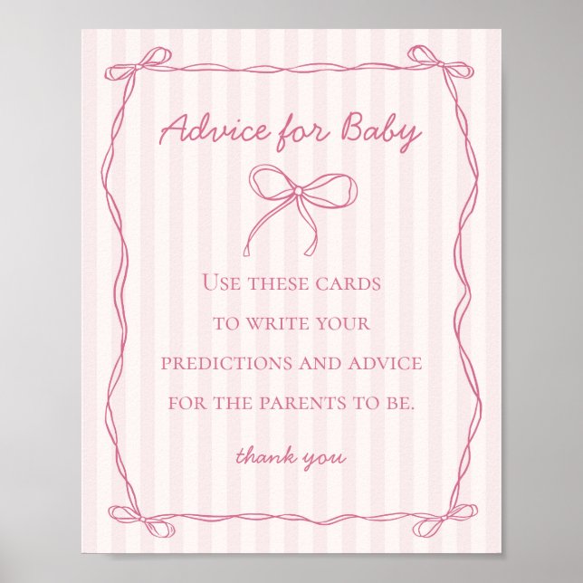 Pink Coquette Bow Advice for Baby Shower Game Poster (Front)