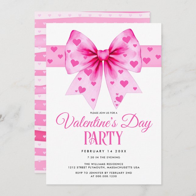 Pink coquette bow and hearts Valentine's Day party Invitation (Front/Back)