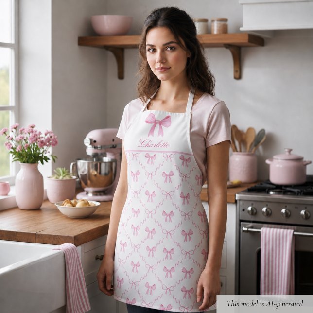 Pink Coquette Bow Apron (sweet pretty cute coquette pink bow apron, custom name in script calligraphy, personalized gifts)