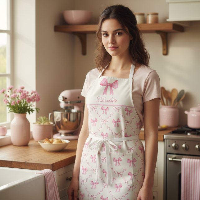 Pink Coquette Bow Apron (sweet pretty cute coquette pink bow apron, custom name in script calligraphy, personalized gifts)