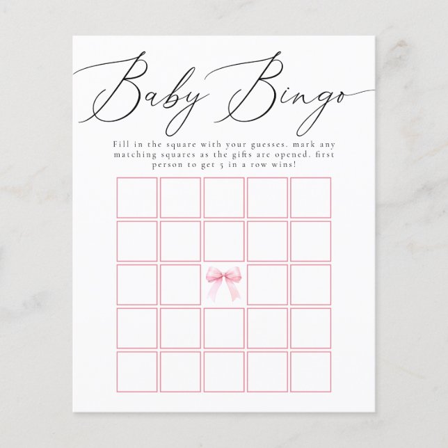 Pink Coquette Bow Baby Bingo Shower Game (Front)