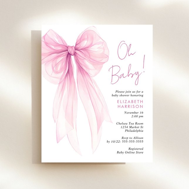 Pink Coquette Bow Baby Girl Shower Invitation (Celebrate the upcoming arrival of your baby girl with a cute baby shower invite at a budget price)