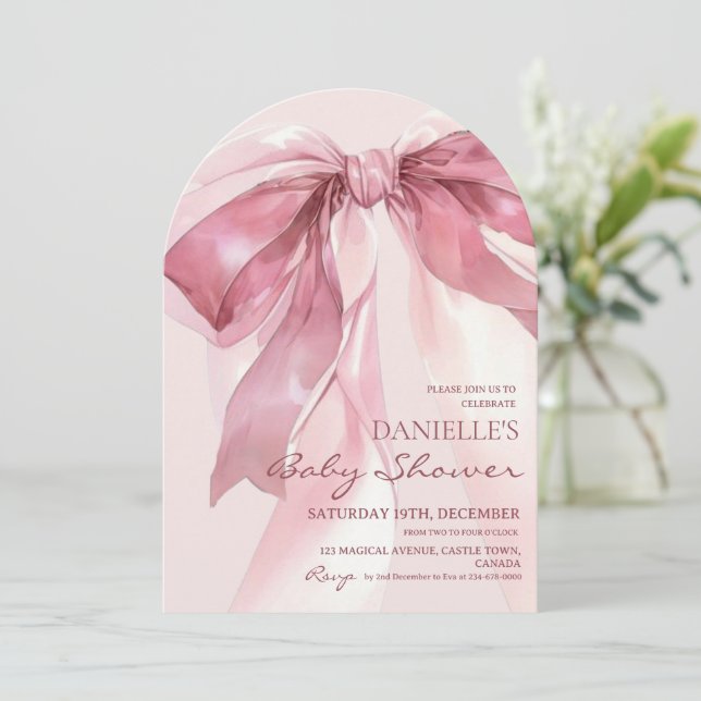 Pink Coquette Bow Baby Girl Shower Invitation (Standing Front)