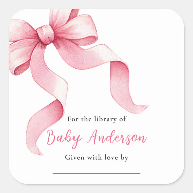 Pink Coquette Bow Baby Shower Bookplate Square Sticker (Front)
