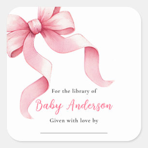 Pink Coquette Bow Baby Shower Bookplate Square Sticker