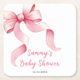 Pink Coquette Bow Baby Shower Square Paper Coaster
