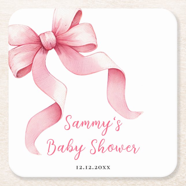 Pink Coquette Bow Baby Shower Square Paper Coaster (Front)
