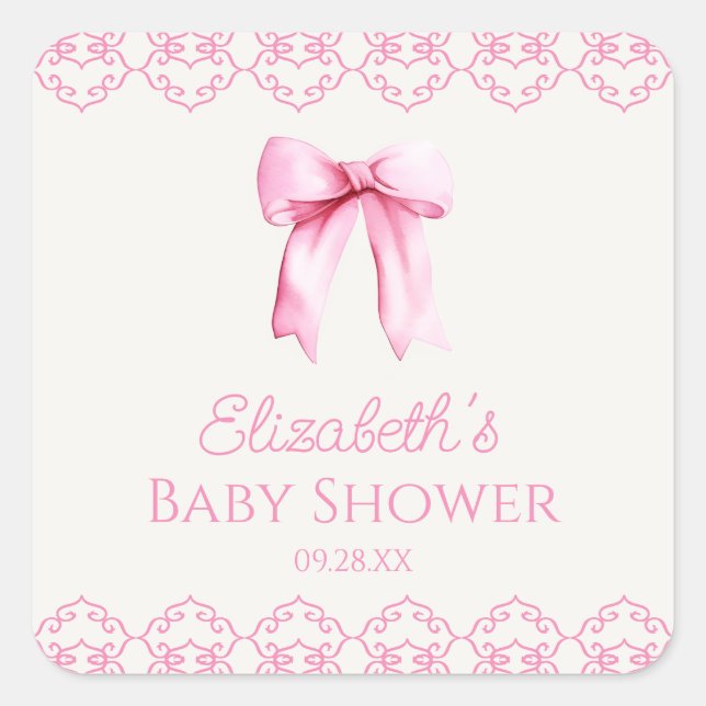 Pink Coquette Bow Baby Shower Square Sticker (Front)