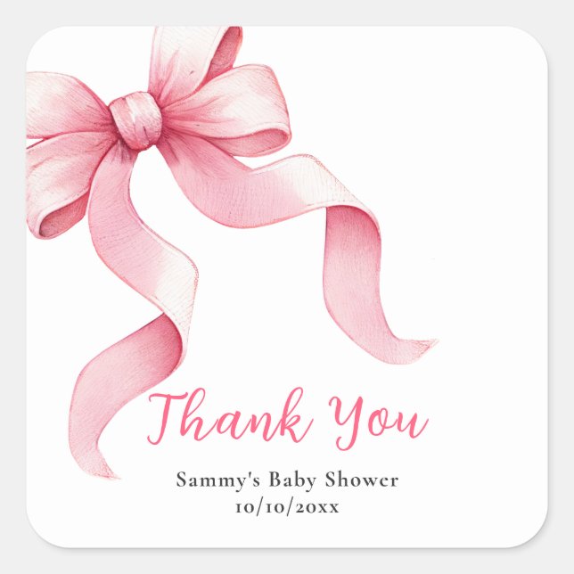 Pink Coquette Bow Baby Shower Thank You Square Sticker (Front)
