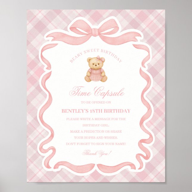 Pink Coquette Bow Bear Birthday Time Capsule Poster (Front)