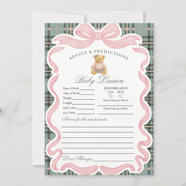 Pink Coquette Bow Bear Girl Advice for Baby Card (Front)