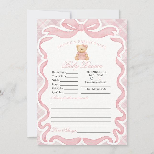 Pink Coquette Bow Bear Girl Advice for Baby Card (Front)