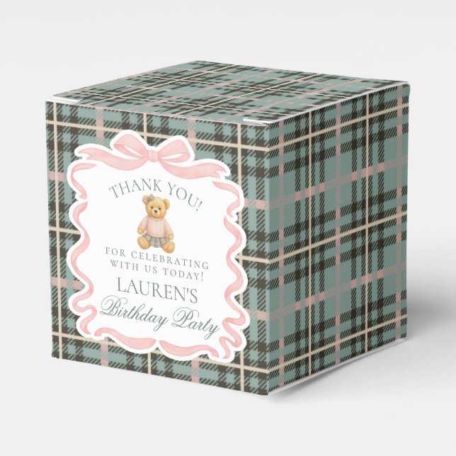 Pink Coquette Bow Bear Girl Birthday Favor Box (Front Side)