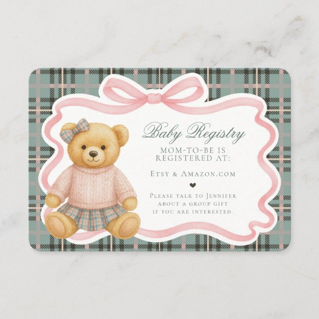 Pink Coquette Bow Bear Plaid Baby Registry Card (Front)