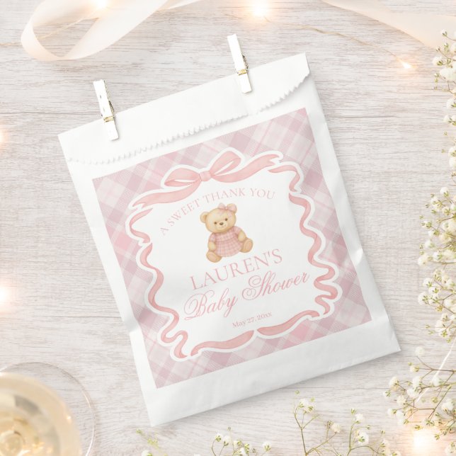 Pink Coquette Bow Bear Plaid Baby Shower Dessert Favour Bags (Clipped)