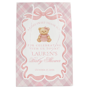 Pink Coquette Bow Bear Plaid Baby Shower Favors Medium Gift Bag