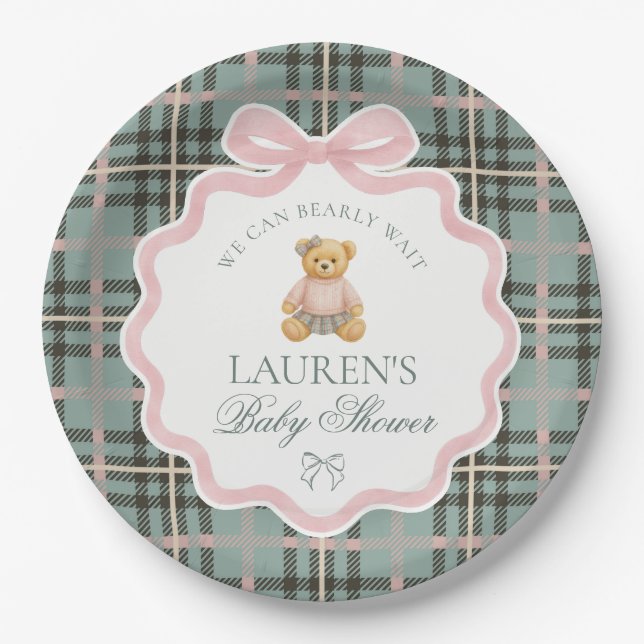 Pink Coquette Bow Bear Plaid Baby Shower  Paper Plate (Front)