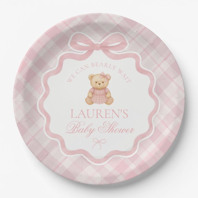 Pink Coquette Bow Bear Plaid Baby Shower  Paper Plate (Front)