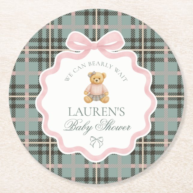 Pink Coquette Bow Bear Plaid Baby Shower  Round Paper Coaster (Front)