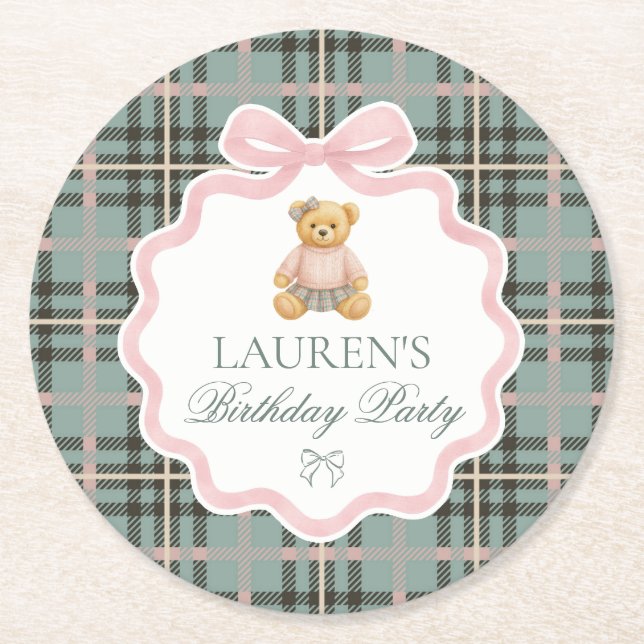 Pink Coquette Bow Bear Plaid Birthday  Round Paper Coaster (Front)