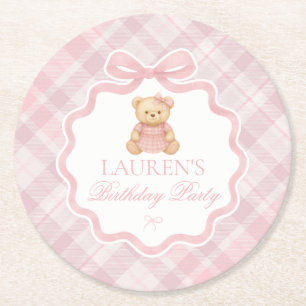 Pink Coquette Bow Bear Plaid Birthday Round Paper Coaster