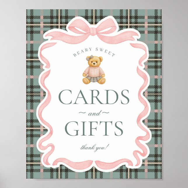 Pink Coquette Bow Bear Plaid Cards & Gifts Poster (Front)