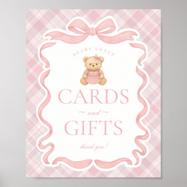 Pink Coquette Bow Bear Plaid Cards & Gifts Poster (Front)