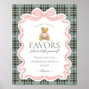 Pink Coquette Bow Bear Plaid Party Favors Sign