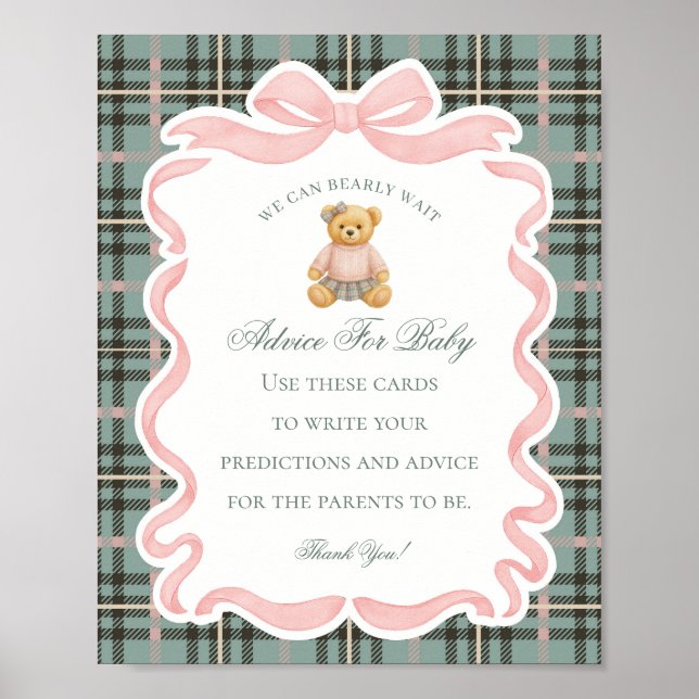 Pink Coquette Bow Bear Shower Advice for Baby Poster (Front)