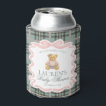 Pink Coquette Bow Bear Tartan Baby Shower Favor Can Cooler<br><div class="desc">We can bearly wait! Welcome your little girl in timeless style with our Preppy Bear Baby Shower Collection. Featuring a classic teddy in a green tartan plaid dress with a pink coquette bow,  this design brings a touch of vintage prep and country club charm to your celebration.</div>