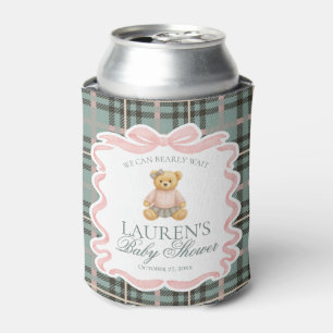 Pink Coquette Bow Bear Tartan Baby Shower Favor Can Cooler
